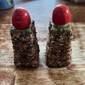 Colorful Stone Salt and Pepper Shakers with Red Tops